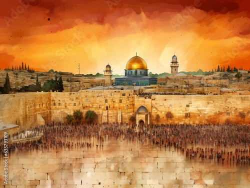 Jerusalem Illustration Judaica. AI Generative