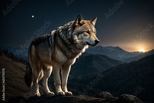 A majestic wolf standing atop a moonlit mountain