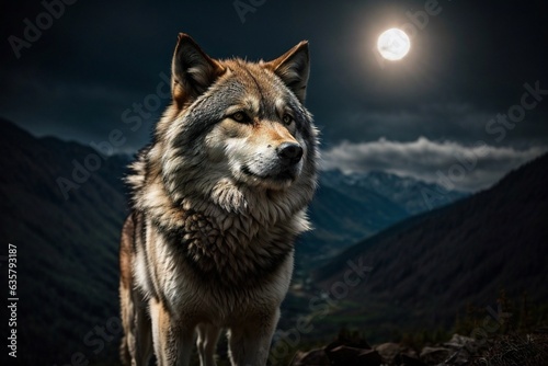 A majestic wolf standing on a mountain under the enchanting glow of a full moon