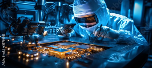 Scientist wearing full protection coat developing microchip at semiconductor factory laboratory. Generative AI technology. photo
