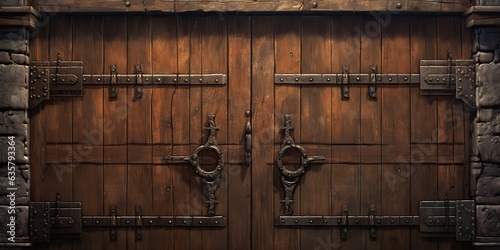 AI Generated. AI Generative. Fantasy cartoon dungeon door entrance exit wooden and metal. Graphic Art
