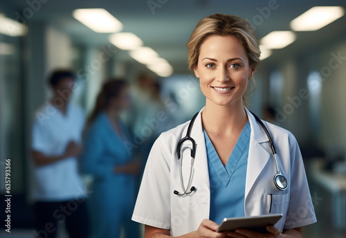 Portrait of smiling female American doctor standing in hospital. Young blond female doctor studying wearing white coat and stethoscope at the hospital. Generative ai