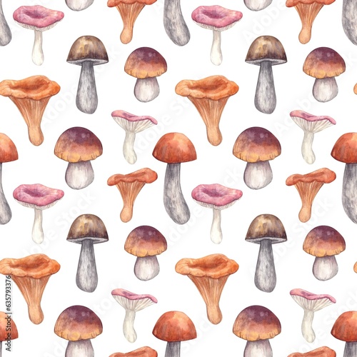 Seamless background with edible mushrooms. Podosinovik podberezovik chanterelle chanterelle boletus and cheesemushroom on white background. Design for fabric, packaging, cover.