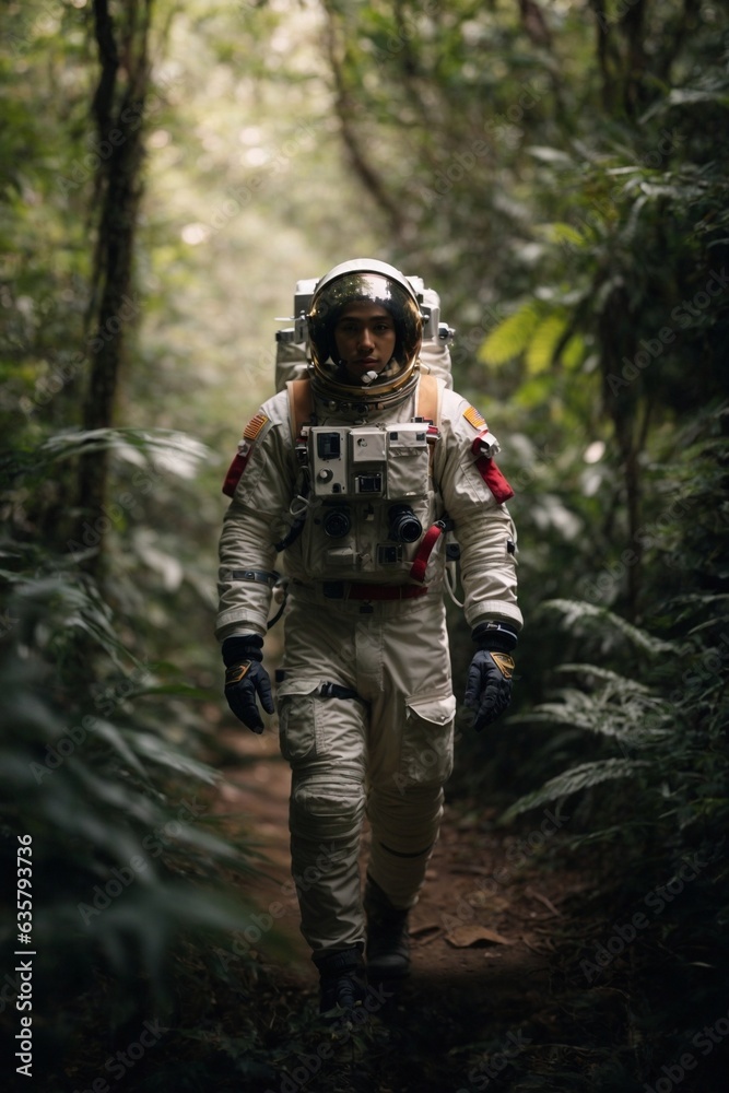 A man in a space suit exploring a mysterious forest