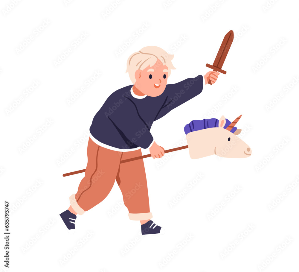 Happy kid riding hobby horse toy. Cute boy playing with pony and sword. Funny active child excited with game. Little preschooler during fun. Flat vector illustration isolated on white background Happy kid riding hobby horse toy. Cute boy playing with pony and sword. Funny active child excited with game. Little preschooler during fun. Flat vector illustration isolated on white background