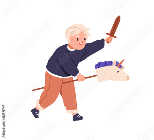 Happy kid riding hobby horse toy. Cute boy playing with pony and sword. Funny active child excited with game. Little preschooler during fun. Flat vector illustration isolated on white background