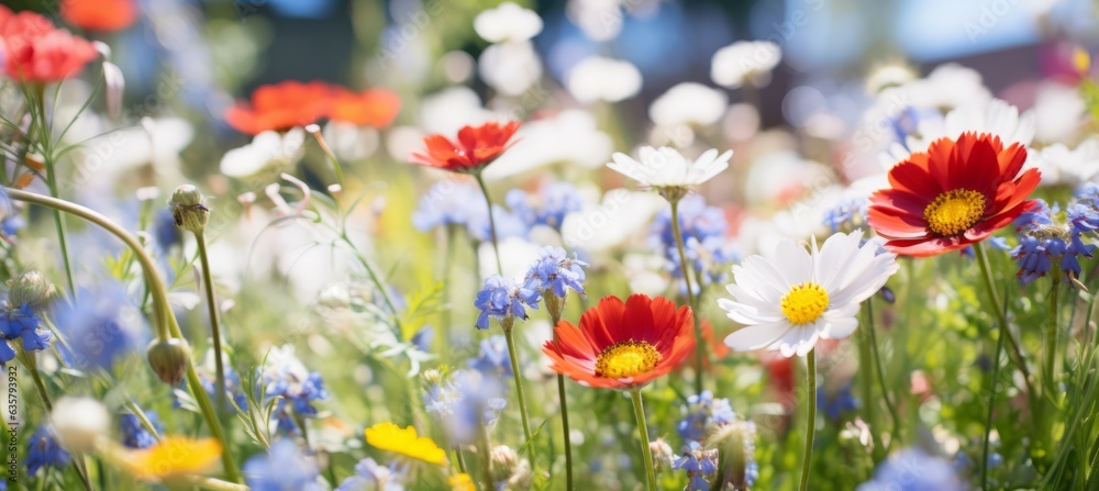Fototapeta premium Chamomile flowers spring field background. Generative AI technology.