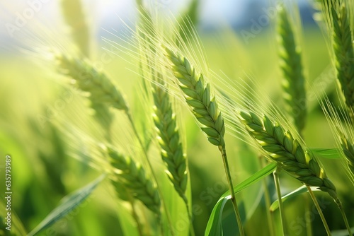 a close-up view of fresh young green wheat ears against the backdrop of nature in a spring or summer field