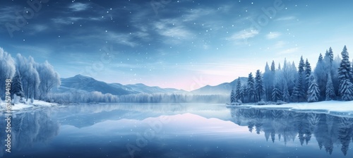 Winter lake and forest panoramic background. Generative AI technology. © Hero Design