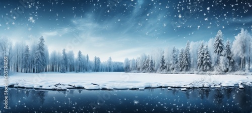 Winter forest and river background. Generative AI technology. © Hero Design