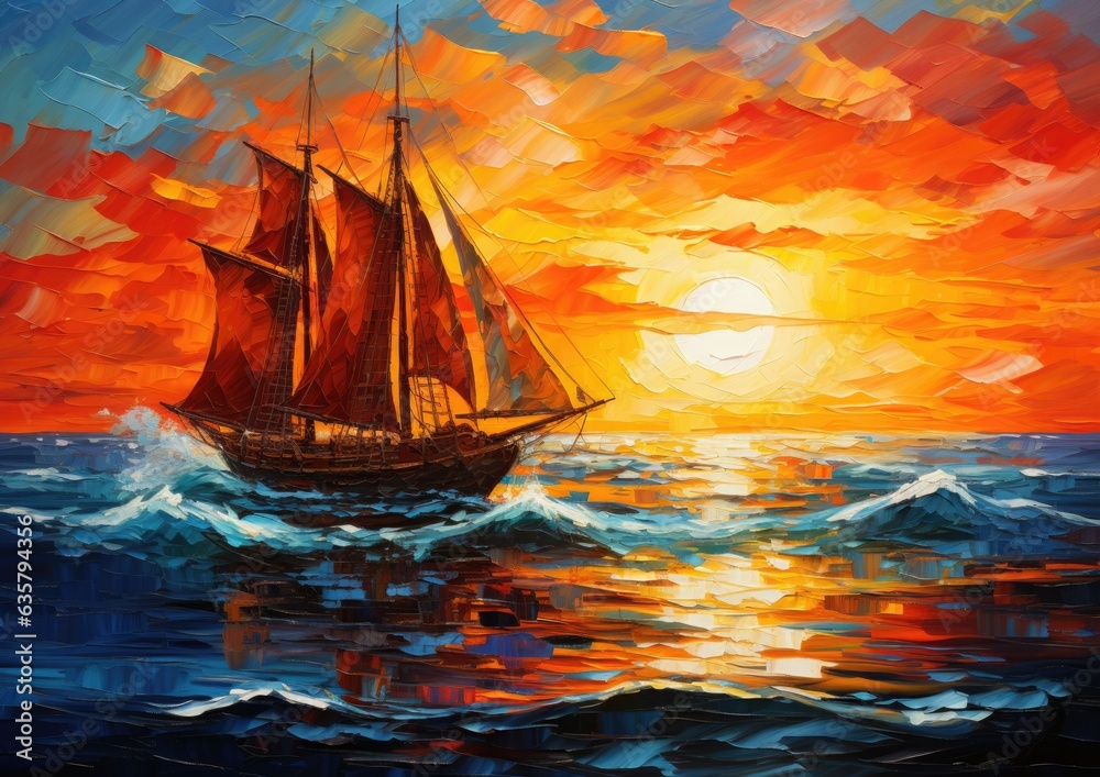 Scarlet sails drift in the calm blue ocean.