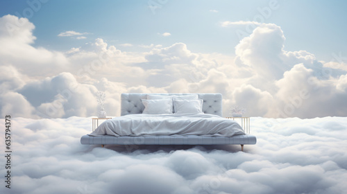 Large double luxury expensive bed on fluffy white clouds