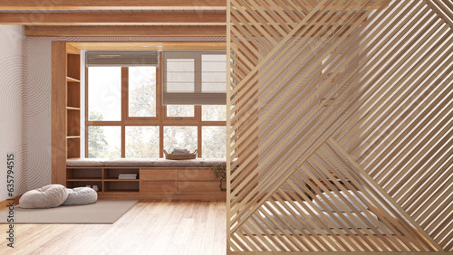 Wooden panel close-up, minimal zen meditation room, decors and resin floor, tatami mats and pillows. Minimalist zen interior design concept idea