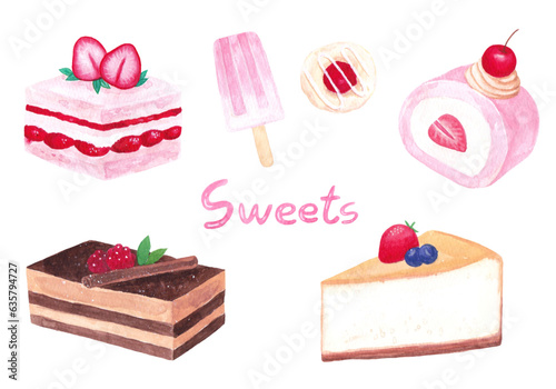 Sweets and desserts watercolor hand painting elements, cake, rollcake, cookie, Popsicle, ice cream illustration