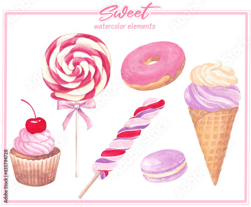 Sweets and desserts watercolor hand painting elements, donut, cupcake, lollipop, macaron, ice cream illustration