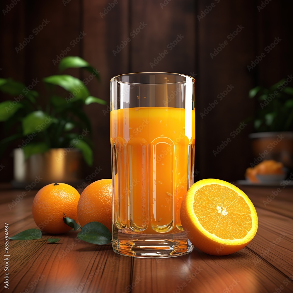 Freshly squeezed orange juice on an wooden table, Generative AI Freshly squeezed orange juice on an wooden table, Generative AI