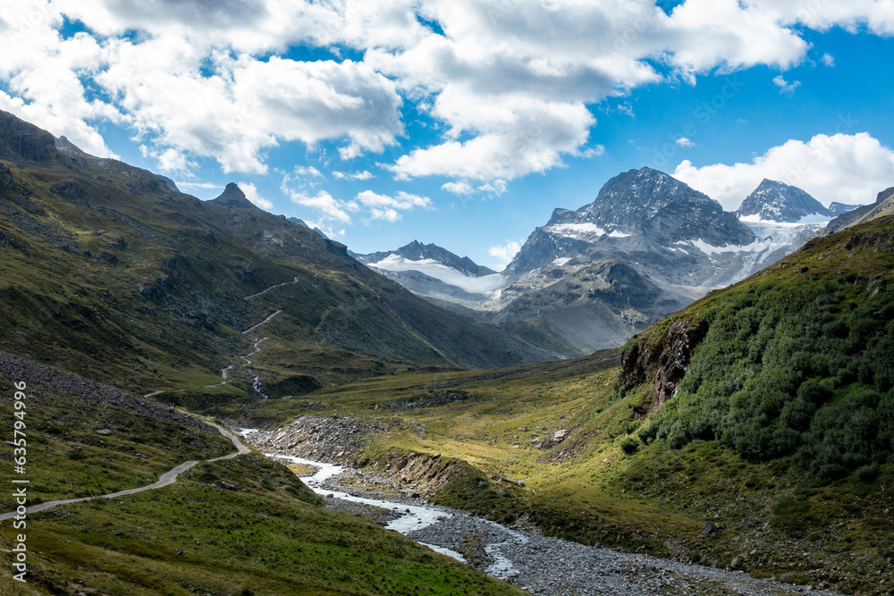 small path in the mountains with view towards a glacier and and the summit of Piz Buin	