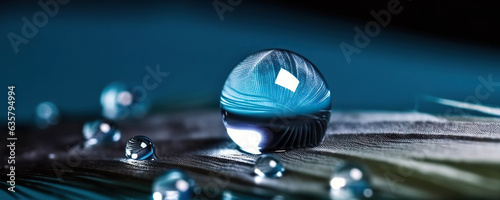 Round water droplet on blue feather. Macro world. Copy space