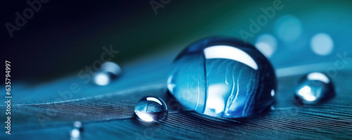Round water droplet on blue feather. Macro world. Copy space
