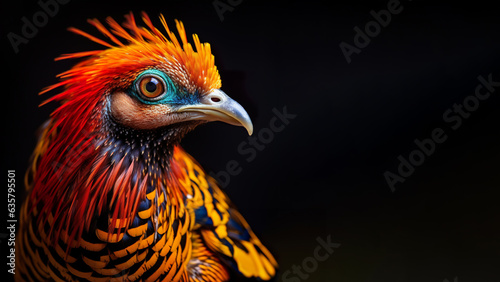 close up of a vibrant colored Golden pheasant on black background with copy space for text
