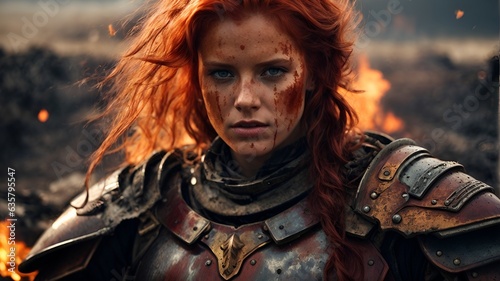 A fierce red-haired woman in armor standing defiantly in front of a roaring fire