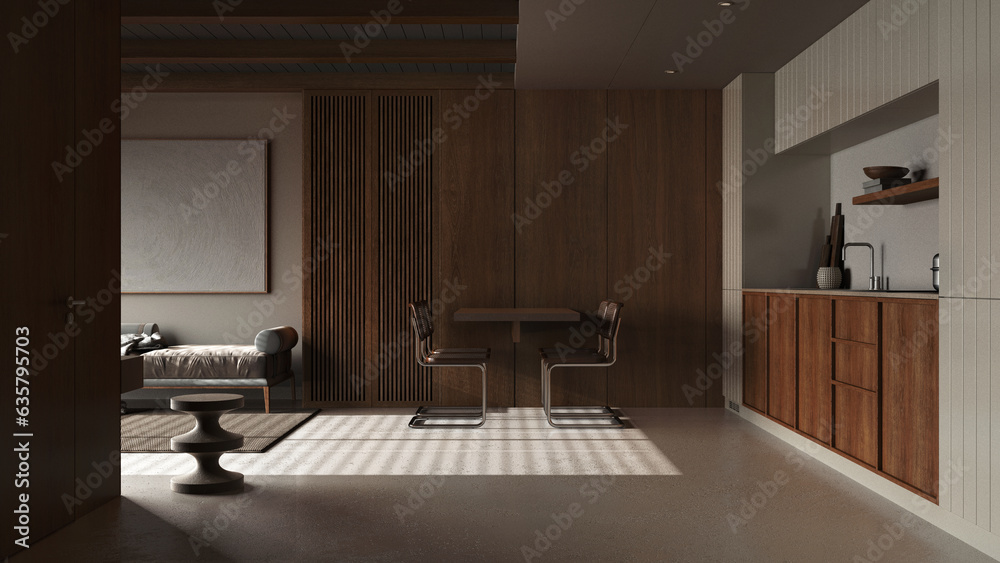 Dark late evening scene, wooden japandi kitchen, dining and living room with resin floor and beams ceilings. Sofa and table with chairs. Minimalist interior design - obrazy, fototapety, plakaty 