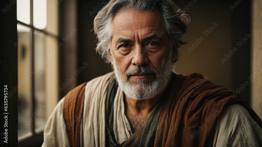 A man with a white beard wearing a brown robe
