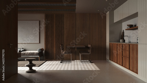 Dark late evening scene, wooden japandi kitchen, dining and living room with resin floor and beams ceilings. Sofa and table with chairs. Minimalist interior design