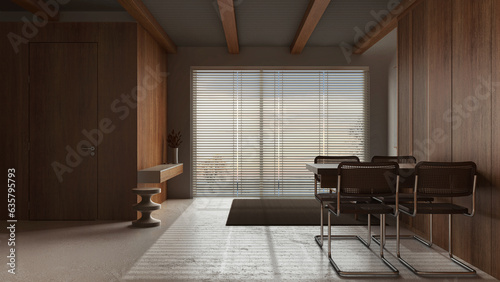 Dark late evening scene, minimal dining and living room with resin floor. Beams ceiling, table, sofa and panoramic window. Japandi interior design
