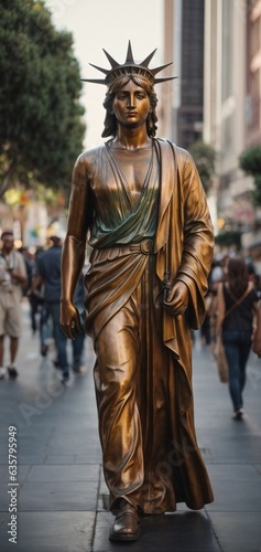 The Statue of Liberty standing tall on a bustling city street