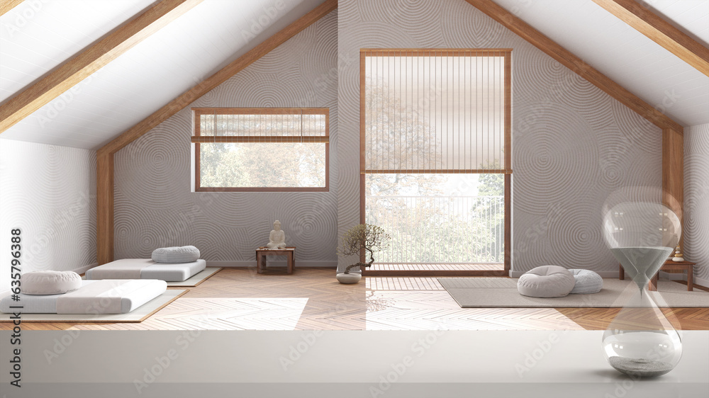 White table or shelf with crystal hourglass measuring the passing time over minimalist meditation room, paper doors, architecture interior design, copy space background White table or shelf with crystal hourglass measuring the passing time over minimalist meditation room, paper doors, architecture interior design, copy space background