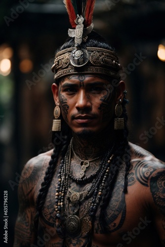 A man wearing a headdress and showcasing his tattoos
