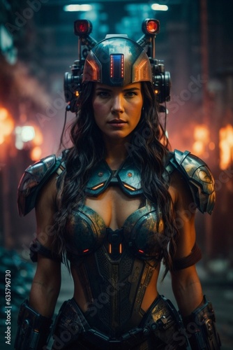 A woman in a futuristic suit and helmet