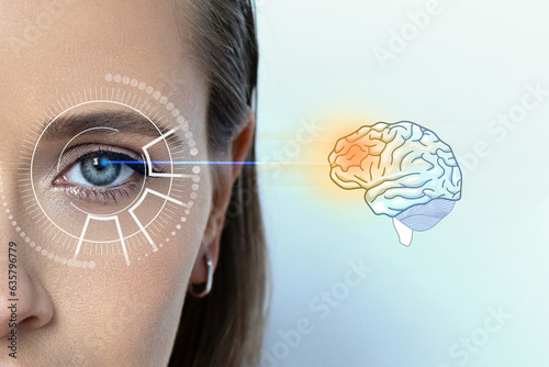 Female pupils and brain function, reveal a hidden signal about the work of your brain, light background, close-up