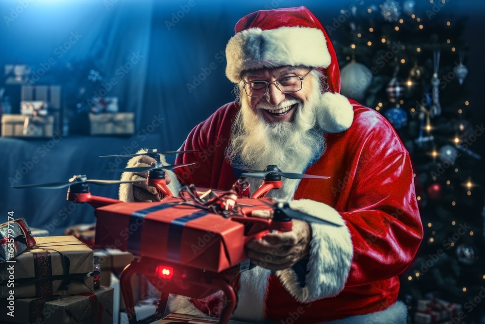 Santa claus with christmas gifts. Santa delivers presents using a flying drone