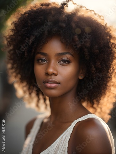 A confident woman with an afro looking directly at the camera