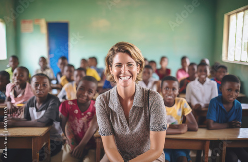 A European teacher is teaching her students in a rural African school.