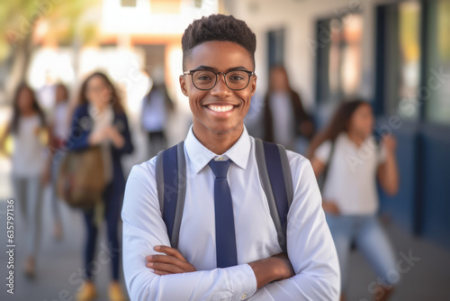 An African American university student with a white shirt and tie smiles with his backpack on his back as he leaves his classes at the university.
