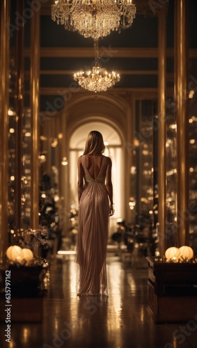 A woman in a long dress standing in a hall