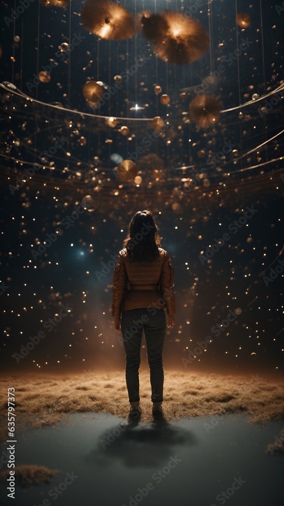 Obraz premium A person standing in front of a string of lights