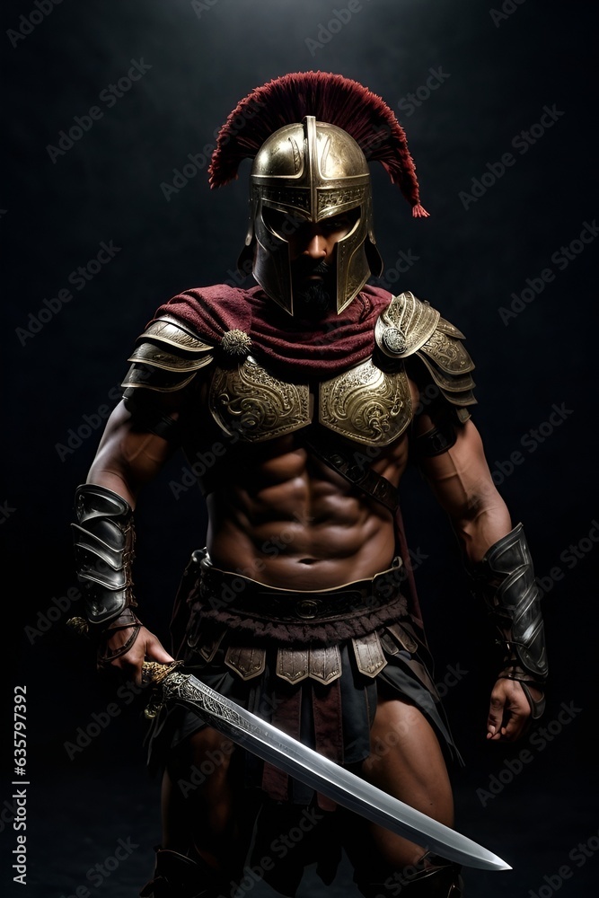 Naklejka premium A man dressed in gladiator costume holding a sword in a dramatic pose