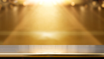 Golden steel countertop, empty shelf. Kitchen counter on gold background with spot light. Bar desk surface in foreground