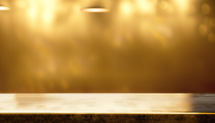 Golden steel countertop, empty shelf. Kitchen counter on gold background with spot light. Bar desk surface in foreground