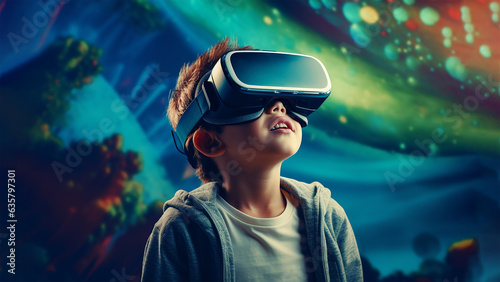 Young boy wearing VR (virtual reality) headset. Future gadget concept. Generative AI.