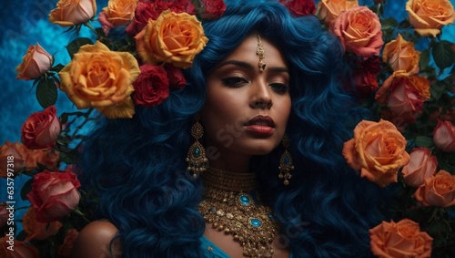 A woman with blue hair and gold jewelry in a stunning blue dress