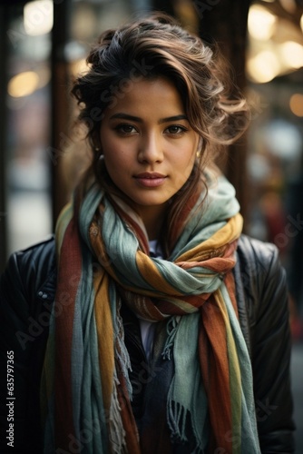 A woman wearing a stylish scarf around her neck