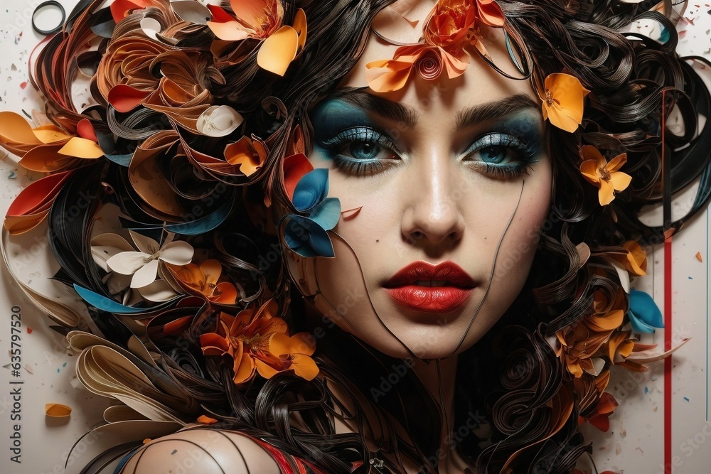 A woman with flowers in her hair and captivating blue eyes