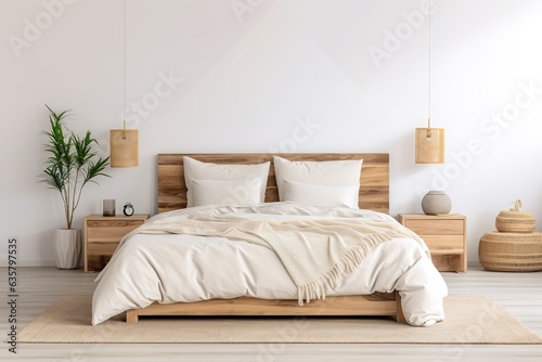 a warm white bedroom serves as the interior backdrop, featuring exquisite furnishings including natural wooden tables in a contemporary style