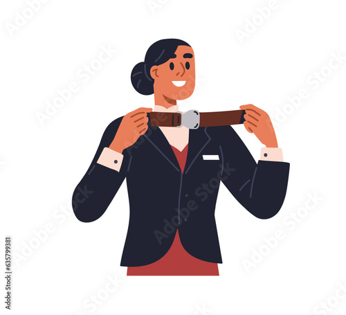 Stewardess holding seat belt, instructing how to use, fasten. Flight attendant demonstrating airplane safety instruction. Air hostess in plane. Flat vector illustration isolated on white background