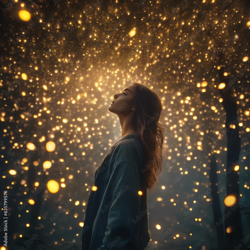 A portrait of a person with a cascade of swirling fireflies, infusing the scene with magical luminescence2